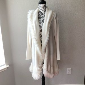 Cream faux fur trimmed long cardigan